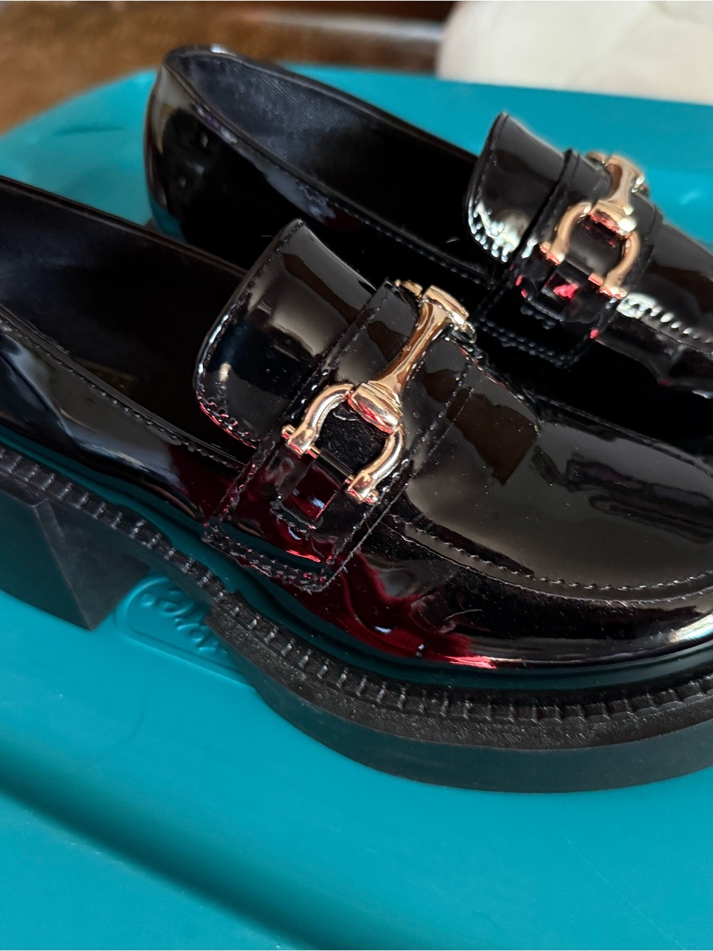 SHEIN Black Patent Loafers with Gold Buckle